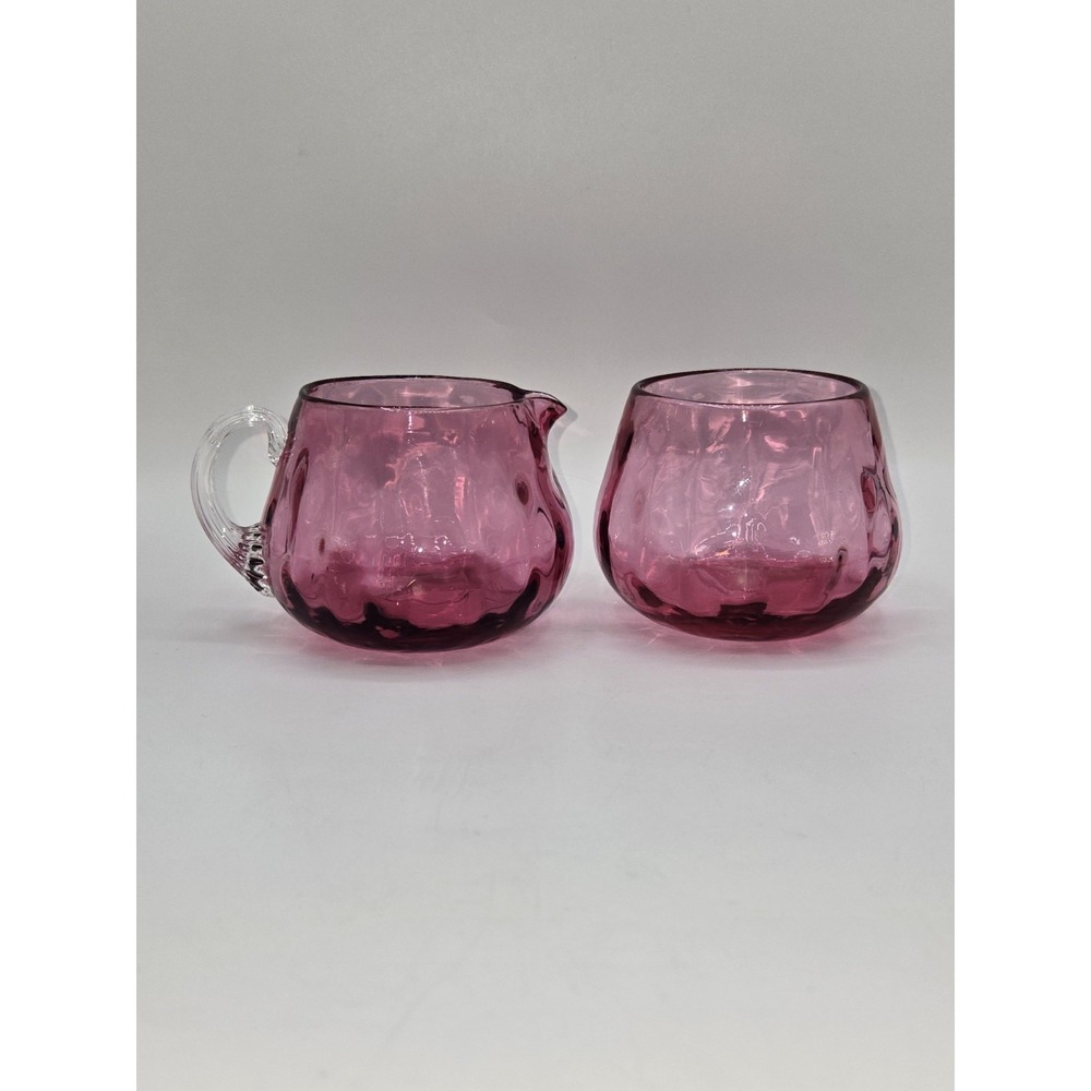Pilgrim Glass Cranberry Creamer Sugar Set Coin Dot Thumbprint Hand Blown 3"